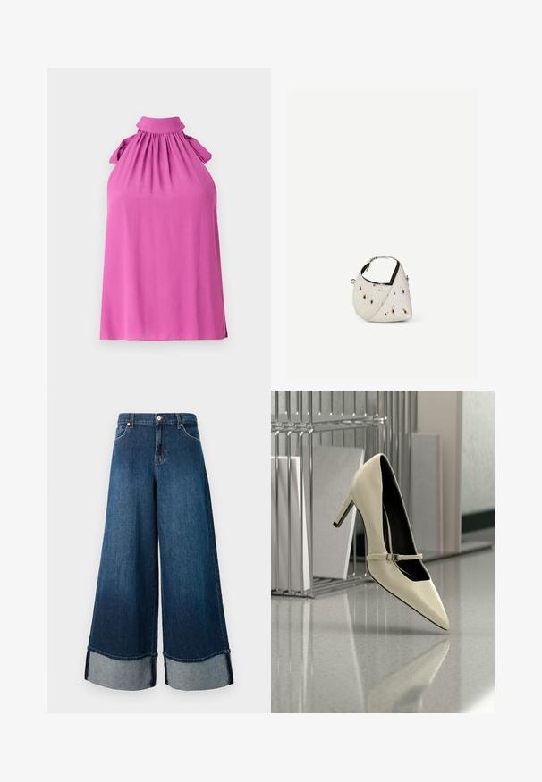 Top sin mangas en un vibrante color rosa con un cuello alto, escote fruncido y acentos de lazo en los hombros, hecho de una tela suave.; Jeans de mezclilla de pierna ancha en lavado oscuro con un acabado deslavado. Presentan un dobladillo sin acabado y un puño de mezclilla más clara. Incluyen bolsillos frontales y cierre de botón.; Zapato de tacón alto color crema con una correa delgada, colocado sobre un suelo reflectante cerca de un organizador de archivos metálico con papeles.; Pequeño bolso blanco con manchas marrones, forma triangular redondeada, forro interior negro y correa corta ajustable con hebilla plateada.