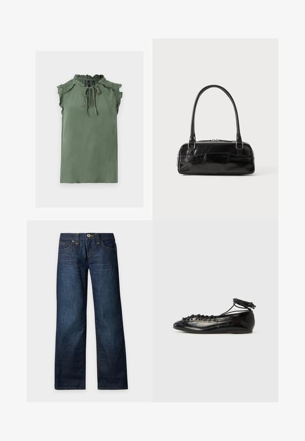 Blouse sans manches vert sauge avec col et épaules volantés, fermeture par lien au niveau de l'encolure devant, et détails smockés sur le haut de la poitrine.; Jean droit bleu foncé avec détails délavés, fermeture par bouton et zip, et design à cinq poches sur un fond clair uni.; Ballerines en cuir verni noir avec un bout rond, un design à lacets et une semelle plate. Texture lisse avec peu de détails.; Sac à main en cuir noir de forme rectangulaire, doté d'une seule ansse structurée, de quincaillerie argentée et d'une fermeture éclair. Texture lisse.