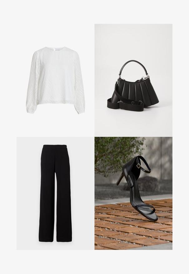 Blouse blanche à manches longues avec un motif texturé ondulé subtil, décolleté rond et fermeture à boutons au dos.; Pantalon noir à jambes larges en tissu doux avec une taille élastique, présentant un design épuré sans motifs ni accents visibles.; Sandale noire à talon haut avec sangle à la cheville, suspendue au-dessus d'un sol en carreaux de bois à l'extérieur, avec un arrière-plan flou de verdure et de pierre.; Sac à main plissé noir avec une poignée arrondie, une bandoulière réglable et une texture brillante. Présente des accessoires en argent et une silhouette structurée.