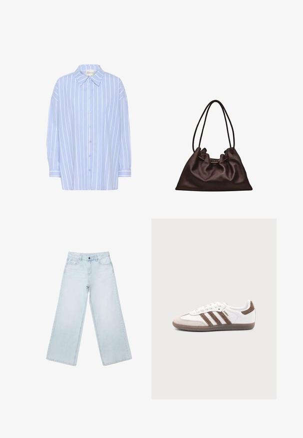 Lyseblå skjorte med knapper og hvide lodrette striber, med spidse kraver, lange ærmer og en afslappet pasform. Blødt bomuldsstof.; Lyseblå viddejeans i denim med forlommer, bæltestropper og knaplukning.; Hvid Adidas Samba sneaker med brune ruskindstriber, brun gummisål og beige ruskindståhætte, vist fra ydersiden på en ensfarvet baggrund.; Blød mørkebrun læderhåndtaske med en slasket form og to tynde skulderstropper mod en hvid baggrund.