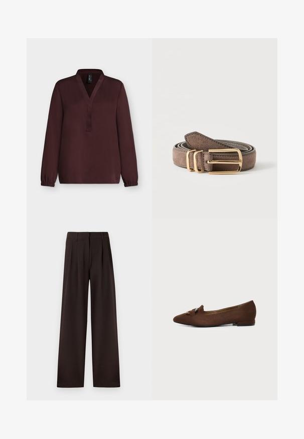 Blouse à manches longues bordeaux foncé avec col en V, sans boutons et poignets élastiques sur fond gris clair.; Pantalon marron foncé à jambes larges avec plis et passants pour ceinture, doté d'une fermeture éclair avant et d'un ourlet net sur un fond uni.; Chaussure plate marron à bout pointu avec détail décoratif de boucle sur le dessus, sur fond clair uni.; Ceinture en daim marron roulée avec boucle rectangulaire dorée et deux passants dorés sur un fond clair uni.