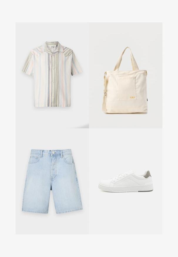 Chemise à manches courtes en tissu léger avec des rayures verticales dans des couleurs pastel : bleu, vert et rose, dotée d'un col pointu.; Shorts en denim bleu clair à coupe droite, avec poches avant, fermeture à bouton et couture décontractée. Texture lisse sans motifs.; Basket blanche en cuir lisse, à bout arrondi, design minimaliste, accent de talon gris et semelle en caoutchouc texturé.; Sac fourre-tout en toile crème avec poche avant, deux poignées, bandoulière réglable et petit texte jaune "O.N.S" en bas à droite de la poche.