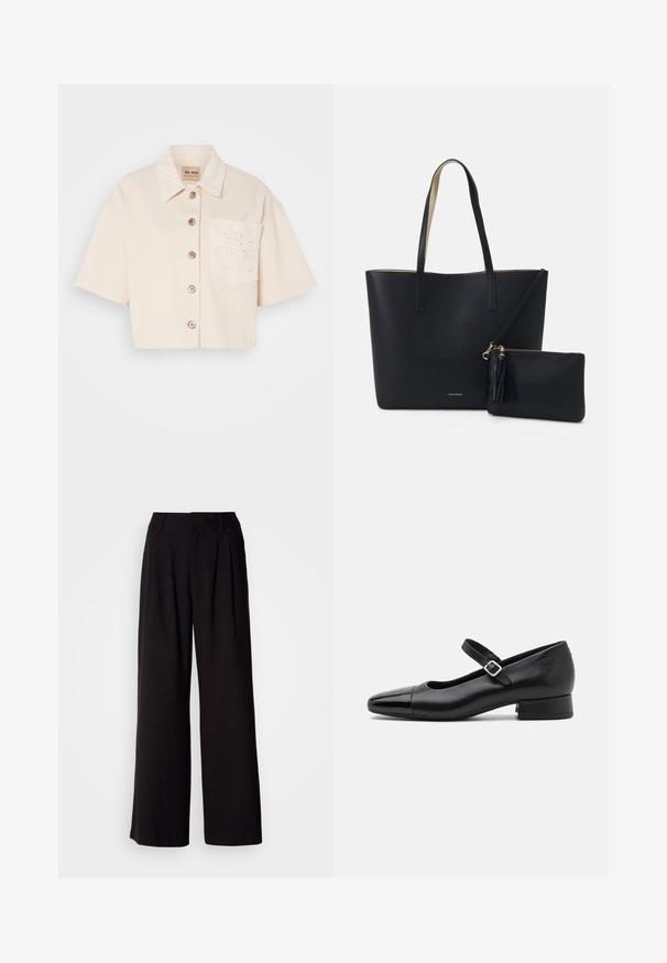 Chemise courte à manches courtes en coton beige clair avec un devant à boutons, un col pointu et un détail de poche brodé.; Pantalon large noir en tissu lisse, avec des plis à l'avant, une taille ajustée, et sans motifs ni accents visibles.; Chaussures Mary Jane en cuir noir avec un embout en vernis, une sangle cheville réglable et un petit talon carré. Texture lisse et design élégant.; Sac fourre-tout noir avec un matériau texturé, deux longues anses et une pochette zippée amovible avec un détail de pompon. Logo de la marque en orvisible.