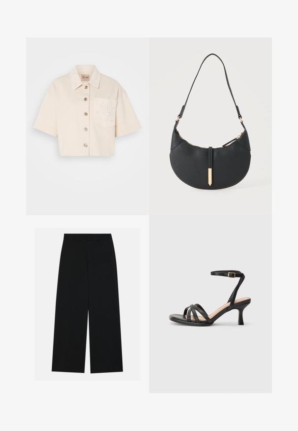 Chemise courte à manches courtes en coton beige clair avec un devant à boutons, un col pointu et un détail de poche brodé.; Pantalons noirs à jambe large en tissu lisse. Dotés d'une taille plate avec passants de ceinture et sans poches visibles. Design simple.; Sandales à talons noirs avec plusieurs fines lanières sur le bout, une seule lanière à la cheville avec une boucle dorée, et un bout carré.; Sac à main noir en forme de croissant avec une bandoulière unique, une fermeture éclair dorée et une languette décorative rectangulaire dorée à l'avant.