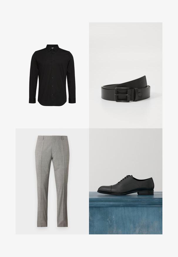 Zwart lang shirt met lange mouwen van gladde stof, met een spitse kraag, knoopsluiting aan de voorkant en een klein logo op de borst.; Grijze op maat gemaakte pantalon met riemlussen en een subtiel ruitpatroon, plat weergegeven tegen een witte achtergrond.; Zwart leren nette schoen met gesloten vetersluiting, ronde neus en cap-toe detail. Glad oppervlak, minimalistisch ontwerp, verhoogde hak.; Zwarte leren riem met een rechthoekige metalen gesp. Heeft een gladde textuur en een minimalistisch ontwerp, rolt lichtjes op aan het einde.