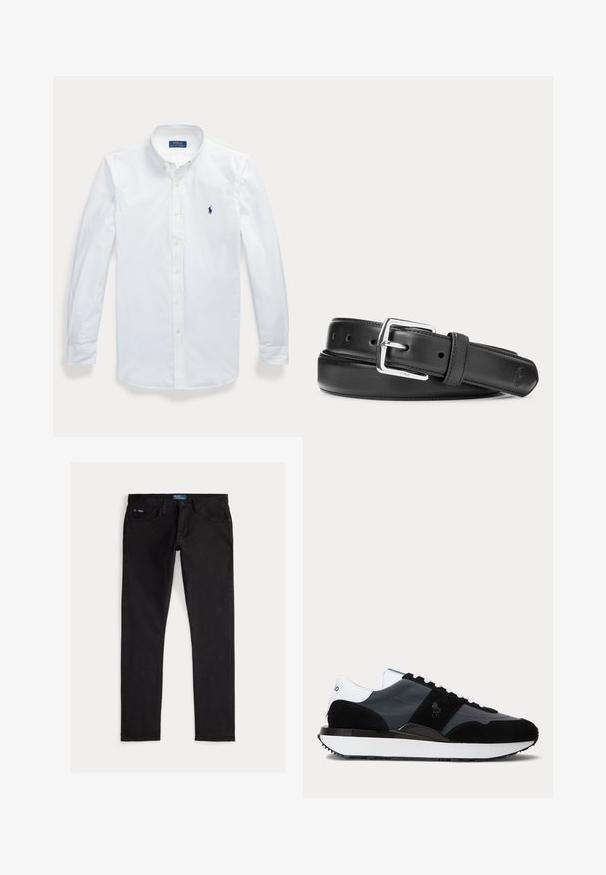 Weißes, langärmeliges Hemd mit Knopfleiste und Kragen, Polo Ralph Lauren-Logo auf der linken Brust gestickt.; Schwarze Slim-Fit-Denimjeans mit fünf Taschen, Gürtelschlaufen und einem blauen Markentag am Bund. Glatter, strapazierfähiger Stoff.; Schwarz-weißer Sneaker in niedriger Ausführung mit Wildleder- und Leder-Paneelen, weißen Schnürsenkeln und einer dicken weißen Sohle mit schwarzem Rand.; Schwarzer Ledergürtel mit silberner rechteckiger Schnalle, aufgerollt auf weißem Hintergrund, mit dezent geprägt Logo an der Spitze.