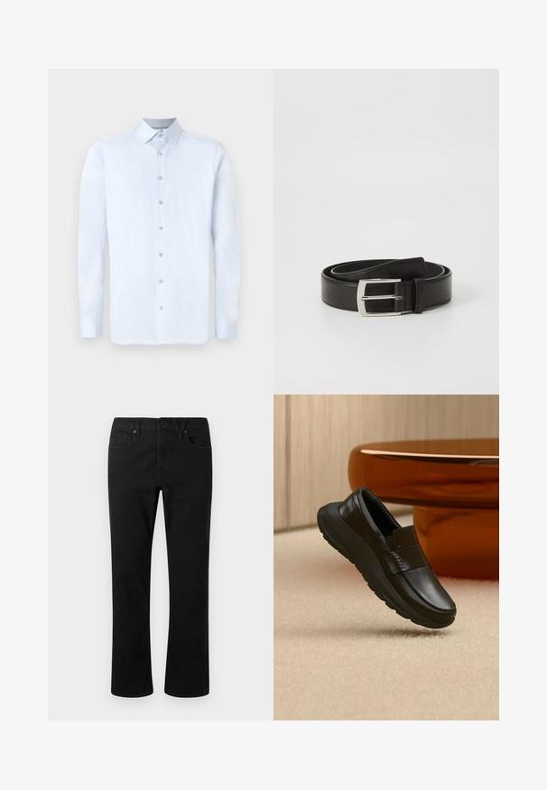 Chemise à manches longues bleu clair avec un col pointu, fermeture à boutons à l'avant et texture lisse. Présente des accents de boutons argentés sur le plastron.; Pantalon noir à jambes droites avec fermeture à bouton et zip, passants pour ceinture et poches avant, présenté sur un fond clair uni.; Mocassin en cuir noir avec une semelle épaisse, présenté au-dessus d'un tapis beige et près d'une base de table ronde couleur ambre.; Ceinture en cuir noir avec une texture lisse, comportant une boucle en métal argentée de forme rectangulaire et un design classique.