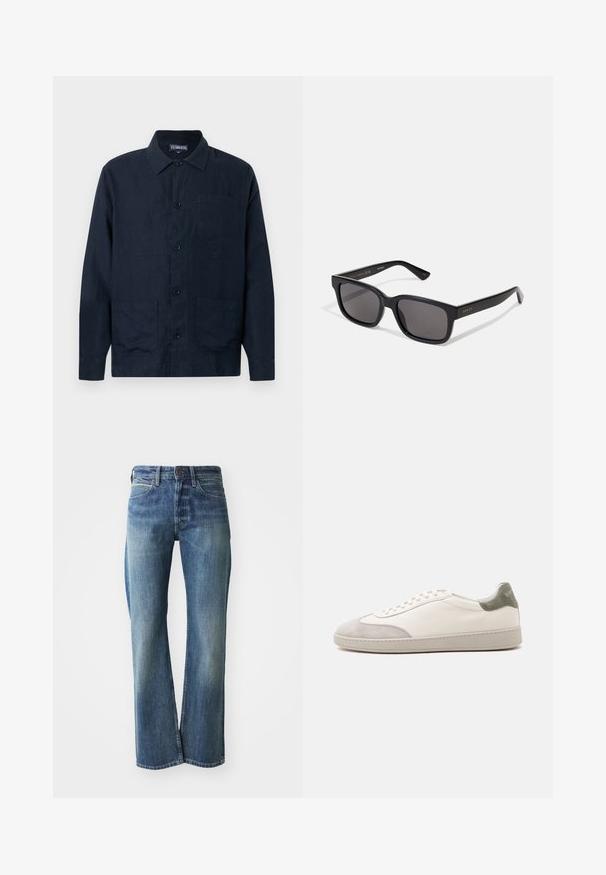 Herre mørkeblå linned skjortejakke med lange ærmer, krave, knaplukning og tre forlommer, herunder en brystlomme.; Denim jeans med en lys til mellemblå farve, lige ben skæring, klassisk fem-lommer design og subtil falmning foran.; Hvid lav sneaker med lysegrå ruskind på tå og hæl, hvide snørebånd og en flad beige sål, vist fra ydersiden.; Sorte rektangulære solbriller med mørke linser. Mat finish, guld branding på templet og lige, tilspidsede arme.