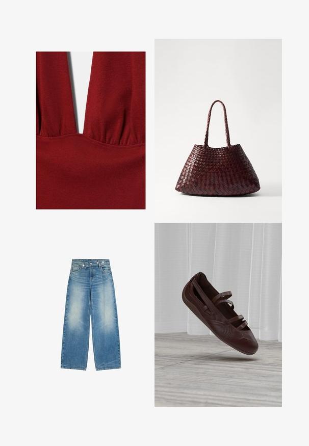 Tissu tricot rouge profond avec un détail de couture froncée formant un décolleté en V sur un vêtement.; Jean en denim bleu à jambes larges avec devant délavé, poches avant et un détail unique de ceinture diagonale boutonnée.; Ballerine en cuir brun foncé avec trois fines lanières sur le dessus, montrée flottant au-dessus d’un sol carrelé clair et de rideaux blancs transparents.; DRAGON DIFFUSION SANTA CROCE BIG - Sac à main - bruciato