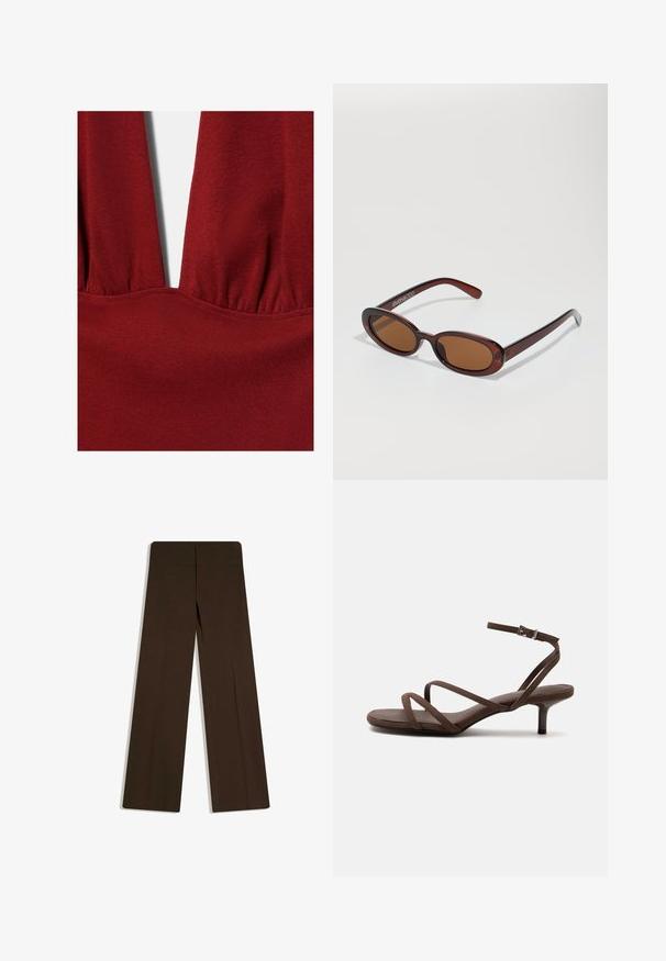 Tissu tricot rouge profond avec un détail de couture froncée formant un décolleté en V sur un vêtement.; Pantalon large taille haute marron foncé avec un devant épuré, sans poches ni fermetures visibles.; Sandale marron à talons hauts avec fines lanières croisées et bride de cheville avec boucle argentée sur fond blanc.; Lunettes de soleil rondes teinte brun avec une monture bordeaux brillante. Branches fines avec un détail de marque subtil. Design de verres plats.