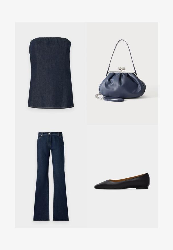 Haut tube en denim bleu foncé, avec un décolleté froncé et un ourlet net. Texture lisse et détail de couture minimal.; Jean flare bleu foncé en denim, dotés d'un design à cinq poches, de passants de ceinture et de coutures jaunes contrastées le long des coutures.; Chaussure plate en cuir noir à bout pointu avec talon bas et finition lisse, vue de côté sur un fond gris clair.; Sac à main en cuir bleu marine doux avec fermeture à boucle argentée, une seule bandoulière, et une chaîne de poignet amovible sur fond blanc.