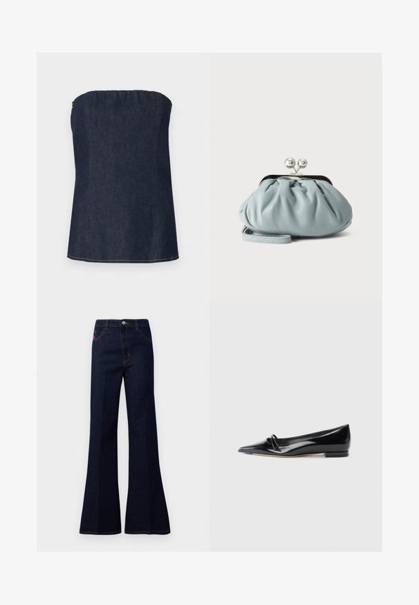 Haut tube en denim bleu foncé, avec un décolleté froncé et un ourlet net. Texture lisse et détail de couture minimal.; Jean taille haute évasé bleu foncé avec bouton avant, fermeture éclair, poches latérales et arrière, et couture contrastante.; Chaussure plate en cuir verni noir avec un bout pointu, une petite lanière décorative et un petit talon carré. Texture lisse et design épuré.; Petit porte-monnaie en cuir bleu clair avec fermoir métallique argenté de type kiss-lock et court bracelet de poignet sur fond uni.