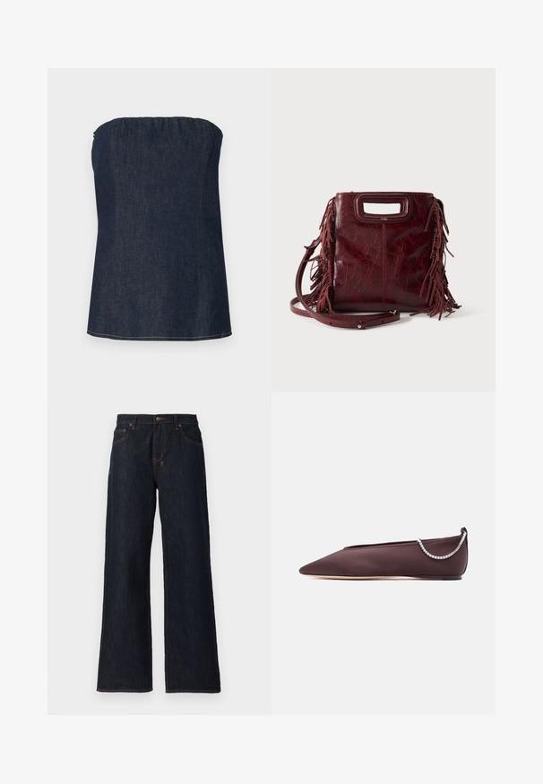 Haut tube en denim bleu foncé, avec un décolleté froncé et un ourlet net. Texture lisse et détail de couture minimal.; Jeans larges bleu foncé en denim, avec des coutures orange, deux poches avant et une fermeture à bouton à la taille.; Chaussure plate marron foncé à bout pointu avec un petit talon et un détail chaîne en strass argentée à l'arrière.; Sac à main carré en cuir bordeaux avec poignée découpée, détails de franges latérales et bandoulière réglable sur fond uni.