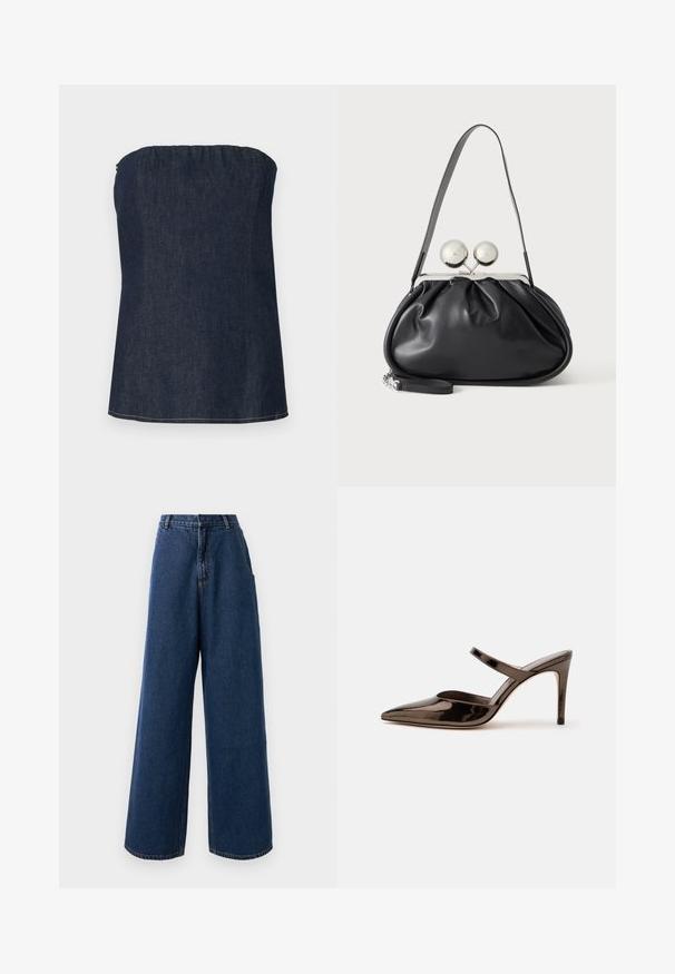 Haut tube en denim bleu foncé, avec un décolleté froncé et un ourlet net. Texture lisse et détail de couture minimal.; Jean taille haute à jambes larges en denim bleu foncé avec fermeture à bouton et à zip à l'avant, passants de ceinture et poches latérales.; Mule à talon haut marron foncé brillant à bout pointu avec une fine bride sur le coup de pied sur fond blanc uni.; Sac à main en cuir noir avec un design plissé, une sangle unique, un cadre métallique argenté et deux grandes fermoirs ronds en argent.