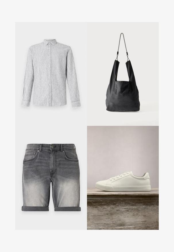 Chemise à manches longues à boutons de couleur gris clair avec des rayures verticales blanches. Dotée d'un col classique et de poignets avec un motif rayé.; Shorts en denim noir délavé avec un ourlet retroussé, comportant cinq poches et un léger effet délavé à l'avant. Fermeture classique à boutons.; Sneaker en dentelle blanche flottant au-dessus d'un banc en bois avec un feuillage vert en arrière-plan, mettant en valeur le design et la texture de la chaussure.; Sac fourre-tout en tissu noir doux avec de larges anses et une fine bandoulière tressée noire et blanche.