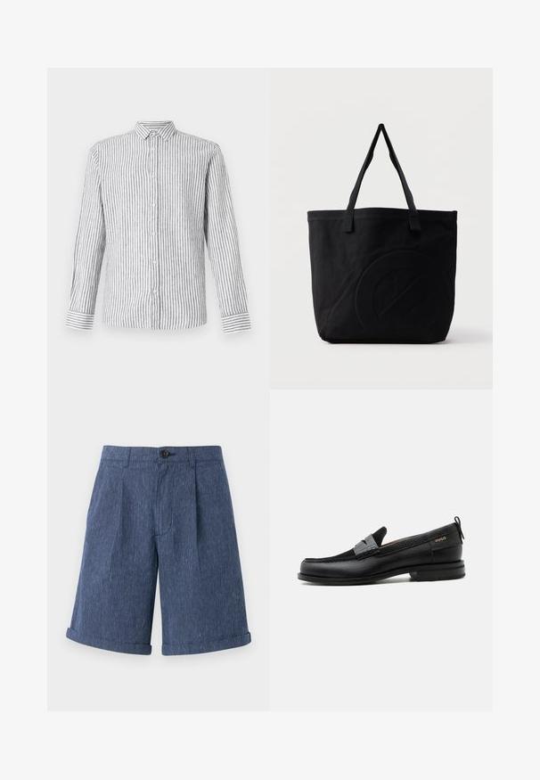 Chemise à manches longues à boutons de couleur gris clair avec des rayures verticales blanches. Dotée d'un col classique et de poignets avec un motif rayé.; Shorts bleus texturés avec un motif rayé subtil, dotés d'une fermeture à bouton unique et de ourlets roulés.; Mocassin en cuir noir avec détail de bride grise, talon bas et semelle texturée, marqué "HUGO" en or sur le côté.; Sac fourre-tout en toile noire avec deux bandoulières et un motif circulaire discret en relief sur le devant.