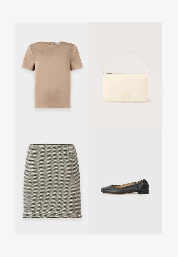 Blouse en satin beige à manches courtes avec un col rond et une petite fente fermée par un bouton dans le dos.; Mini-jupe droite à motif pied-de-poule noir et blanc, taille haute, sans ornements ni poches visibles.; Ballerines en cuir noir avec un bout arrondi et des coutures minimales. Talon bas et rectangulaire avec une texture lisse. Détails subtils de doublure intérieure.; Sac à main rectangulaire de couleur crème avec une seule sangle et une fermeture éclair sur le dessus, comportant une petite plaque de logo embossé à l'avant.