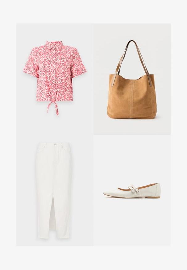 Chemise à manches courtes, boutonnée, arborant un motif en losanges rose et blanc, avec un détail de nœud noué à la taille. Texture de tissu léger.; Jupe en denim blanc avec une fente à l'avant, dotée d'une fermeture par bouton et fermeture éclair, cinq poches et un ourlet brut en bas.; Ballerines en cuir verni blanc avec un bout pointu, deux sangles décoratives avec des boucles en argent, et une semelle marron discrète.; Sac fourre-tout en daim beige avec de longues anses en cuir marron clair, texture douce et couture simple sur un fond blanc uni.