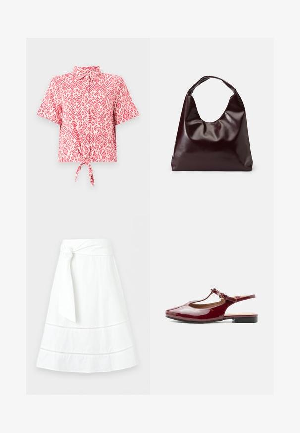 Chemise à manches courtes, boutonnée, arborant un motif en losanges rose et blanc, avec un détail de nœud noué à la taille. Texture de tissu léger.; Jupe blanche ligne A avec une large ceinture nouée sur le côté et des inserts horizontaux en dentelle décoratifs près de l’ourlet.; Chaussure slingback bordeaux brillante à talon bas, bride en T avec bout pointu et boucle ajustable sur fond blanc uni.; Sac en cuir vegan bordeaux, brillant, avec une forme douce et sculpturale et une large poignée incurvée pour un transport facile.