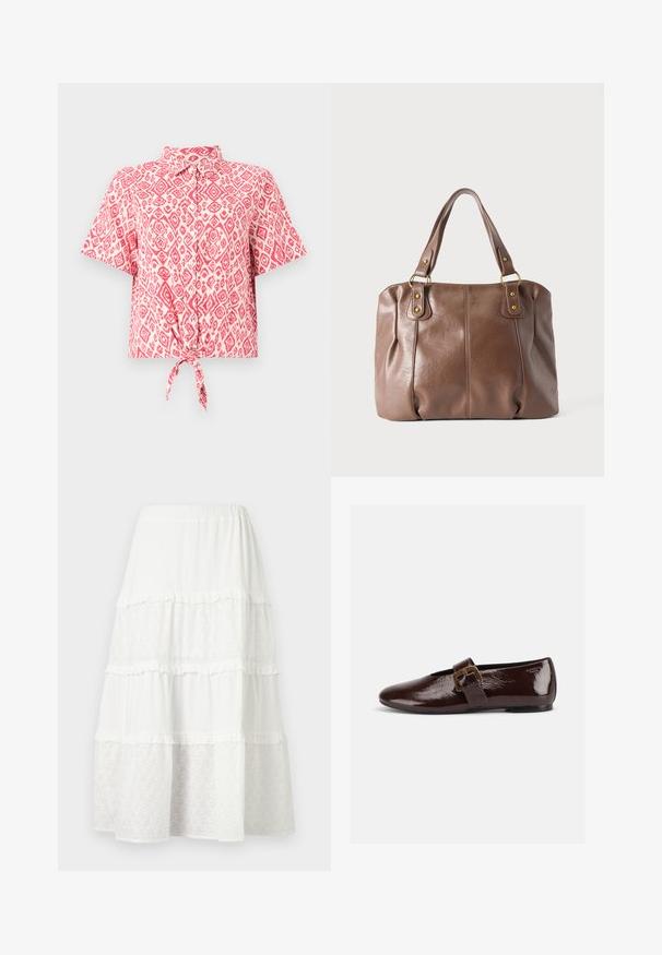 Chemise à manches courtes, boutonnée, arborant un motif en losanges rose et blanc, avec un détail de nœud noué à la taille. Texture de tissu léger.; Jupe midi blanche à volants avec panneaux alternés unis et en dentelle à œillets, avec un léger volant aux coutures.; Chaussure plate en cuir verni marron foncé avec une large bride à boucle dorée et un bout arrondi, présentée de profil sur fond blanc.; Sac à main en cuir marron avec deux bandoulières attachées par des anneaux et rivets dorés, présenté sur un fond clair uni.