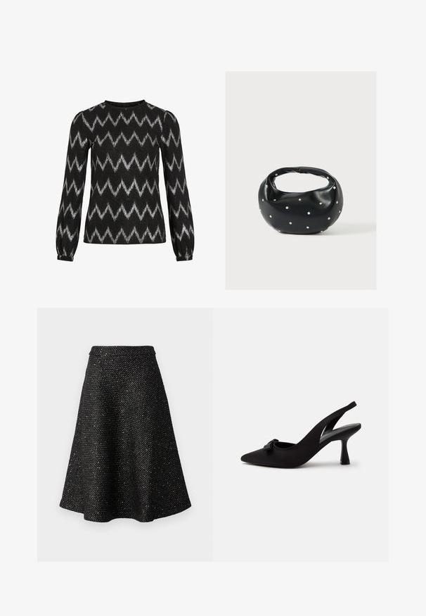 Pull noir à manches longues avec des rayures en zigzag argentées et des épaules légèrement bouffantes, doté de poignets élastiques.; Jupe noire en forme A avec un tissu texturé, présentant des éclats métalliques partout. Taille large et silhouette évasée, design jusqu'aux genoux.; Chaussure à talon haut slingback noire à bout pointu avec un petit nœud sur le devant et un talon fin, présentée sur un fond blanc.; Sac à main en cuir noir de forme arrondie, décoré de clous argentés et équipé d'une poignée courte. Texture lisse et fermeture éclair.