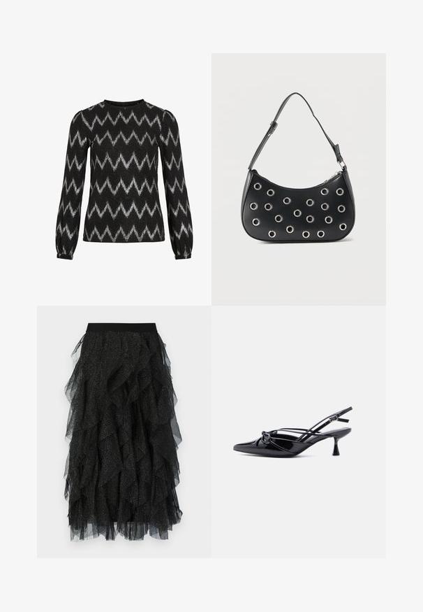 Zwart langemouwen sweater met zilveren zigzagstrepen en lichtjes opbollende schouders, met elastische manchetten.; Zwarte tule rok met gelaagde ruffles, een brede elastische tailleband en verspreide zilveren stippen op de stof.; Zwarte slingback pump van lakleer met een spits toelopende neus, lage kittenhak en decoratieve knoopstrik aan de voorkant.; Zwarte leren schoudertas met verstelbare riem, voorzien van zilveren metalen oogjes en een ritssluiting bovenaan.