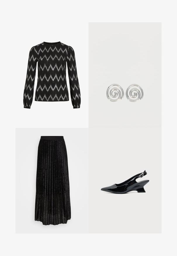 Pull noir à manches longues avec des rayures en zigzag argentées et des épaules légèrement bouffantes, doté de poignets élastiques.; Jupe plissée noire en velours, dotée d'une taille lisse et de paillettes éparpillées pour une légère brillance.; Chaussure slingback en cuir verni noir avec bout pointu et petit talon bloc incliné sur fond clair uni.; Paire de boucles d'oreilles en forme d'anneau spirale en argent avec un design lisse et arrondi sur fond blanc uni.