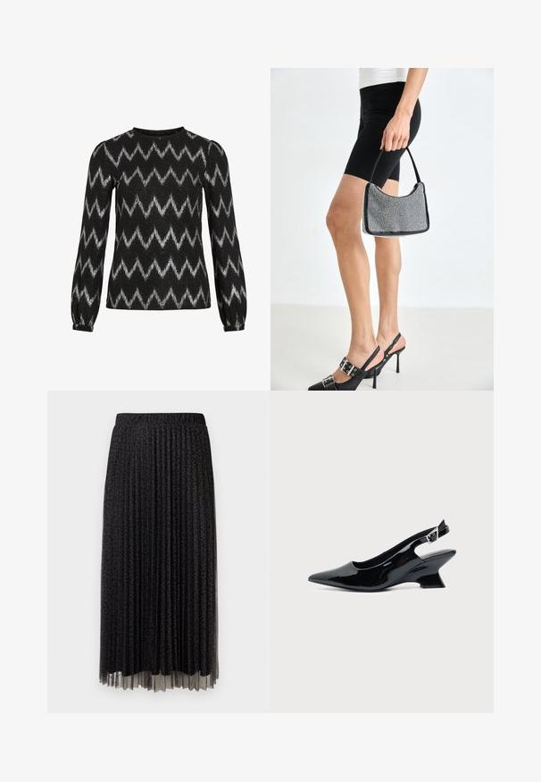 Zwart langemouwen sweater met zilveren zigzagstrepen en lichtjes opbollende schouders, met elastische manchetten.; Zwarte geplooide midi-rok met een subtiele luipaardprint, elastische tailleband en een doorschijnende textuur aan de zoom.; Zwarte lakleren slingback schoen met spitse neus en lage schuine blokhak op een effen lichte achtergrond.; Zwarte beaded handtas met een gebogen silhouet, draaghandvat en glanzende textuur. Draagt bij hoge zwarte hakken en strakke zwarte shorts.