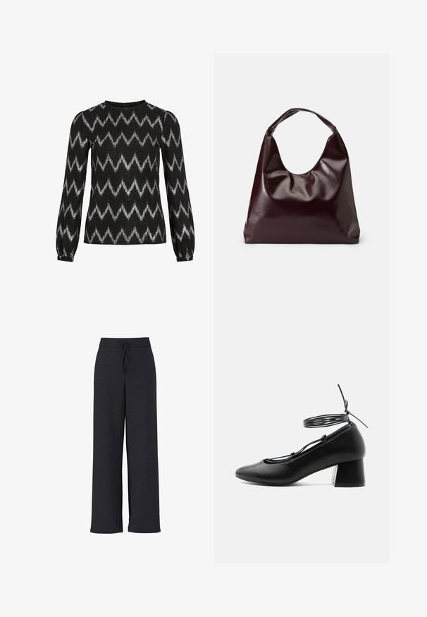 Suéter negro de manga larga con rayas plateadas en zigzag y ligeramente acolchadas en los hombros, con puños elásticos.; Pantalones de pierna ancha de color gris oscuro con tela texturizada, con una cintura elástica y cordón ajustable para un ajuste cómodo.; Zapato negro de piel con tacón medio, punta afilada, tiras cruzadas y atadura alrededor del tobillo sobre fondo blanco.; Bolso tote vegan de cuero brillante en burdeos, con una forma suave y escultórica y un asa ancha y curvada para facilitar el transporte.