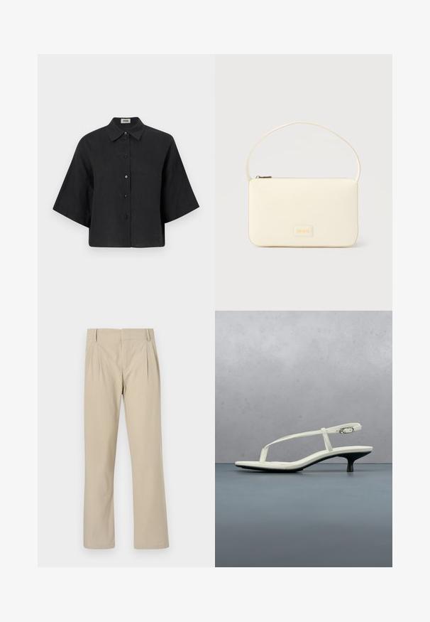 Chemise cropped en lin noir avec un col pointu, des manches courtes et une fermeture par boutons sur le devant. Elle possède une coupe décontractée et une texture lisse.; Pantalons larges beige en mélange de coton ; avec plis à l'avant, coupe droite et passants de ceinture. Texture lisse, sans motifs.; Sandale blanche à talon kitten avec des lanières et un bout pointu, flottant au-dessus d'un sol en carrelage en bois en plein air avec un arrière-plan flou de plante et de mur.; Sac à main rectangulaire de couleur crème avec une seule sangle et une fermeture éclair sur le dessus, comportant une petite plaque de logo embossé à l'avant.
