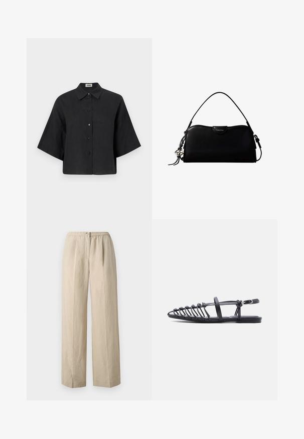 Chemise cropped en lin noir avec un col pointu, des manches courtes et une fermeture par boutons sur le devant. Elle possède une coupe décontractée et une texture lisse.; Pantalons larges beiges en tissu doux avec une taille élastique froncée et une fermeture à bouton à l'avant. Texture lisse avec des plis.; Sandale plate noire avec plusieurs fines lanières, bride à boucle à la cheville et design cage à bout ouvert sur fond blanc.; Sac à main rectangulaire noir Calvin Klein avec une seule sangle supérieure, un charm logo argenté et une petite fermeture à rabat sur le devant.
