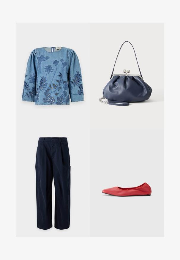Chemise en denim à manches longues bouffantes, ornée de motifs floraux découpés et d'accents brodés en bleu foncé. Dos fermé avec un col rond.; Pantalon cargo bleu marine à jambes larges, passants de ceinture, fermeture à l'avant, poches latérales et deux grandes poches sur les cuisses, exposé sur un fond uni.; Filippa K REY FLATS - Ballerines - bright red; Sac à main en cuir bleu marine doux avec fermeture à boucle argentée, une seule bandoulière, et une chaîne de poignet amovible sur fond blanc.