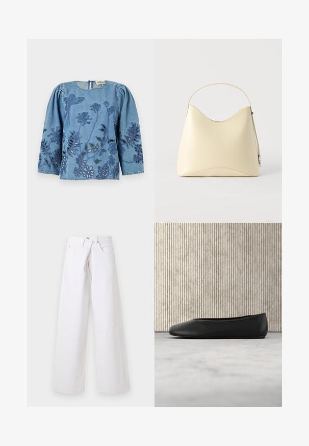Denim shirt with long puff sleeves, featuring floral cut-out designs and embroidered accents in darker blue. Closed back with a round neckline.; White wide-leg denim jeans with front pockets, belt loops, and button closure, displayed against a plain light background.; Black leather ballet flat with a rounded toe, smooth texture, and a gold logo accent on the side. Positioned above a reflective surface.; Cream-colored leather handbag with curved top edge and single strap, displayed on plain light background.