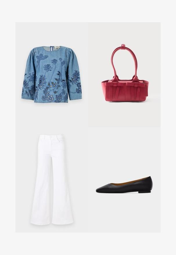 Denim shirt with long puff sleeves, featuring floral cut-out designs and embroidered accents in darker blue. Closed back with a round neckline.; White flared jeans made of denim, featuring a high waist, five-pocket design, and a button closure at the front. Smooth texture.; Black leather pointed-toe flat shoe with low heel and smooth finish, shown from side on a light gray background.; Red leather handbag with two top handles, decorative front bows, and a tag on the side against a white background.