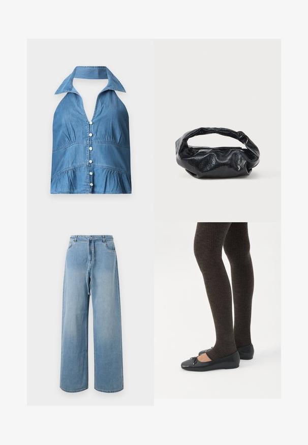 Denim crop top s halterom a golierom, s gombíkovou prednou časťou, so z gathered pásom a rozšíreným lemom. Svetlo modrá farba a jemná textúra.; Svetlomodré džínsy širokého strihu s vysokým pásom, so prednými vreckami, opaskom na viazanie a vyblednutou štruktúrou.; Nohy v tmavých pásikavých legínach v kombinácii s čiernymi balerínkami s malými mašličkami na bielom pozadí.; Čierna taška z lesklého, textúrovaného materiálu s obvodovým, skrúteným uchom a zipsovým uzáverom. Vyznačuje sa mäkkým, zvrásneným dizajnom.