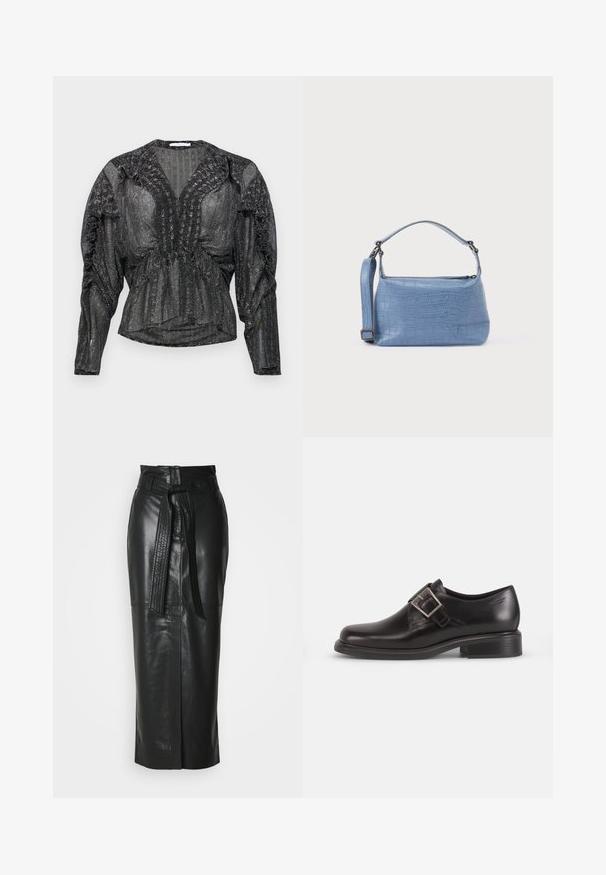 Blusa negra y transparente con hilo metálico. Presenta un escote en V profundo, detalles fruncidos a lo largo de los hombros y mangas largas con un ajuste relajado.; Falda de cuero negra con cintura alta, detalle de cinturón y corte recto. Presenta un brillo sutil y una abertura frontal para facilitar el movimiento.; Zapato de vestir de cuero negro con punta redondeada, detalle de hebilla lateral y suela texturizada, sobre un fondo blanco liso.; Bolso azul claro con relieve de cocodrilo, asa corta y correa de hombro desmontable. Textura lisa con cierre de cremallera.