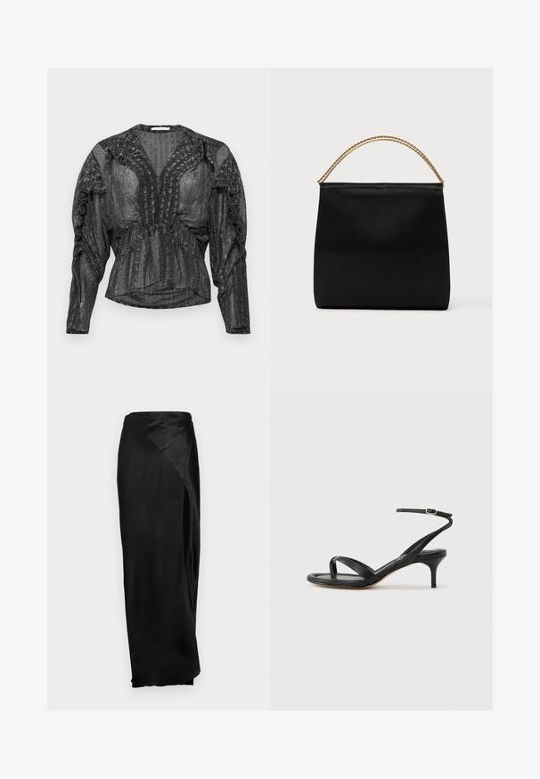 Blouse noire en dentelle avec fil métallique. Dotée d'un décolleté en V profond, de détails froncés le long des épaules et de longues manches à coupe décontractée.; Jupe maxi en satin noir avec une fente sur le côté, texture lisse et design drapé. Présente une taille haute et une silhouette fluide.; Sandale pour femme en cuir noir avec fines lanières, une boucle d'orteil, une boucle à la cheville et un talon aiguille de hauteur moyenne sur un fond neutre.; Sac noir en tissu lisse, présentant une forme structurée, une poignée en chaîne dorée et un design géométrique minimaliste.