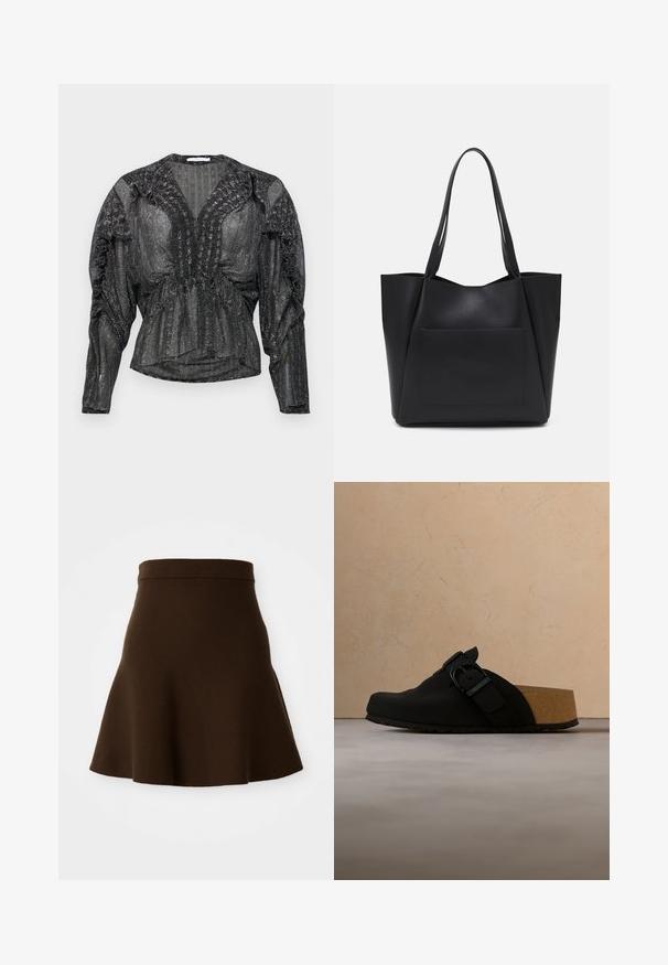 Blusa negra y transparente con hilo metálico. Presenta un escote en V profundo, detalles fruncidos a lo largo de los hombros y mangas largas con un ajuste relajado.; Falda marrón acampanada hecha de una tela suave con una textura lisa. Presenta una cinturilla ajustada y un diseño hasta la rodilla, sin patrones visibles.; Zueco negro sin cordones con plantilla de corcho, correa ajustable con hebilla y suela texturizada flotando sobre un suelo de hormigón.; Bolso tote negro hecho de material sintético suave, con dos asas largas y un bolsillo frontal. Parte superior abierta con un diseño angular.