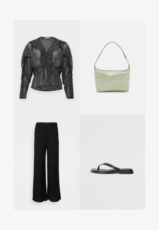 Blusa negra y transparente con hilo metálico. Presenta un escote en V profundo, detalles fruncidos a lo largo de los hombros y mangas largas con un ajuste relajado.; Pantalones de pierna ancha negros hechos de una tela ligera, con una textura suave, cierre de botón en la parte delantera y bolsillos laterales.; Chancla negra de piel suave, con un diseño de tira delgada y una suela plana de perfil mínimo. Sin patrones ni acentos notables.; Bolsa de hombro acolchada de color verde con una textura suave, forma rectangular, correa única y cierre de cremallera en tono dorado. Presenta un patrón acolchado.