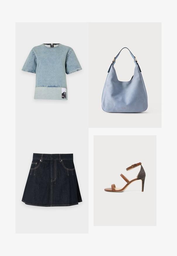 Lyseblå denim t-shirt med korte ærmer, rund halsudskæring, kontrasterende bundpanel og et bjerggrafiklabel på venstre side.; Denimnederdel i mørkeblå, med en flagrende design, bæltestropper, forvægspockets og kontraststing langs sømmene.; Brun højhælet sandal med tre tynde remme, en ankel spænde og en mørk tekstureret hæl og bagpanel.; Lyseblå skuldertaske i læder med en enkelt strop og guldfarvede spændeaccenter, Michael Kors-logo nederst i midten.