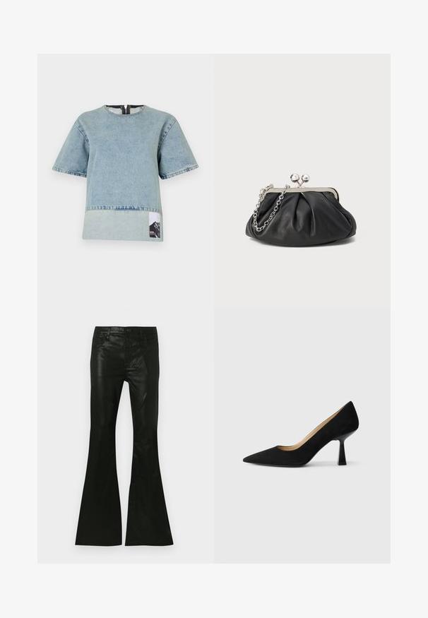 Camiseta de denim azul claro con mangas cortas, escote redondeado, panel inferior de contraste y una etiqueta gráfica de montaña en el lado izquierdo.; Pantalones acampanados negros de material brillante, con cintura ajustada, diseño de cinco bolsillos y cierre de botón en la parte delantera.; Zapato de tacón alto de ante negro con punta afilada, que cuenta con un tacón de bloque negro brillante y un forro interior suave.; Clutch de cuero negro con textura arrugada, marco de metal en tono plateado, cierre de beso y cadena para colgar. Superficie suave y lisa.