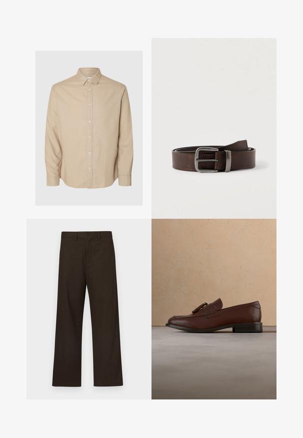 Selected Flannel - Pluus - pure cashmeredetail:mixed w. oatmeal; Pruunid laia säärega püksid, valmistatud puuvillasest segust, millel on ees nööpide sulgemine ja minimalistlik disain.; Pruun nahast tutiga king, mis hõljub tekstuurse beežika vaiba kohal, taustal on ümmargune puidust laud ja virnastatud raamatud.; Tumepruun nahast vöö, millel on hõbedane ristkülikukujuline pandla, keritud ja asetatud heledale neutraalsele taustale.