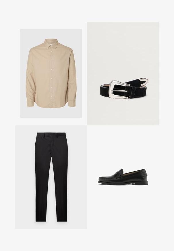 Selected Flannel - Chemise - pure cashmeredetail:mixed w. oatmeal; Pantalon noir slim avec passants pour ceinture, fermeture avant par bouton et zip, et poches latérales, présenté sur un fond blanc.; Mocassins en cuir noir avec un bout arrondi, des détails de surpiqûres, une texture lisse et un petit talon carré. Aucune décoration ou motif visible.; Ceinture en suede noir avec une boucle en métal argenté de forme arrondie et des accents cousus. Texture lisse et conception ajustable.
