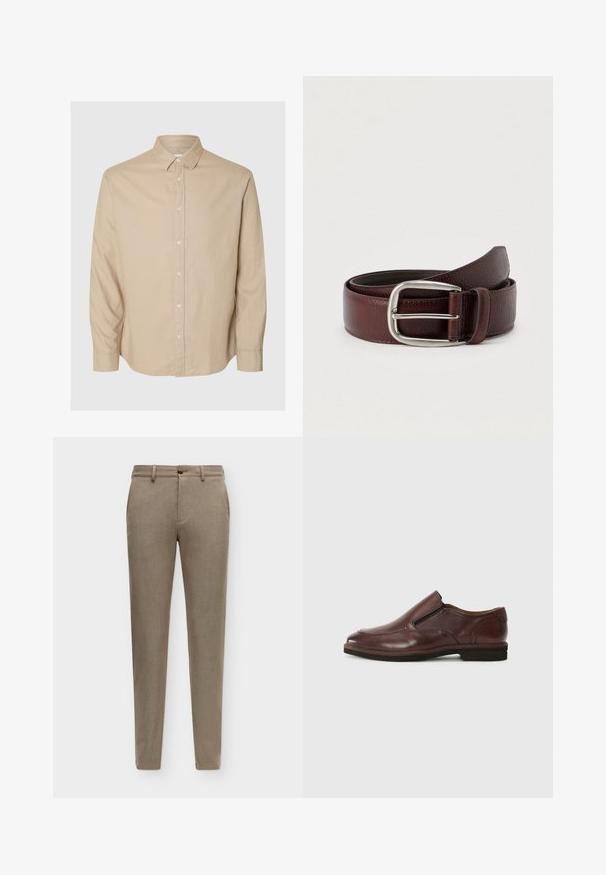 Selected Flannel - Overhemd - pure cashmeredetail:mixed w. oatmeal; Beige slimfit broek met riemlussen, knoop aan de voorkant en zijzakken, weergegeven op een effen achtergrond.; Bruine leren instapschoen met een ronde neus, elastische zijaccenten en een lage rubberen zool. Bevat subtiele stiksels langs de rand.; Bruine leren riem met een gestructureerde afwerking, voorzien van een zilverkleurige metalen gesp en een enkele lus voor aanpassing. Geweven ontwerp nabij de gesp.
