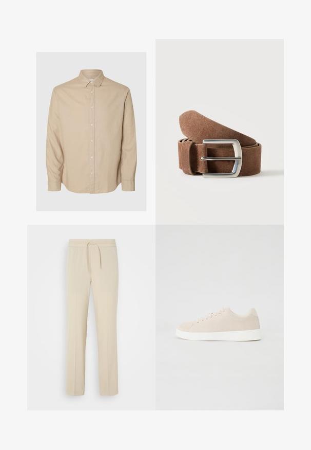 Selected Flannel - Skjorter - pure cashmeredetail:mixed w. oatmeal; Beige, elastisk taljebukser med snoretræk. Har lige ben og en glat tekstur, velegnet til afslappet brug eller afslapning.; Beige ruskindsneakers med hvide gummisåler, rund tå og seks snøringshuller. Glat tekstur med minimalisk design.; Brunt ruskindsbælte rullet med en sølvfarvet rektangulær metalspænde på en ensartet lys baggrund.