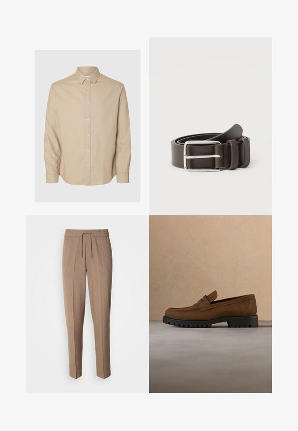 Selected Flannel - Overhemd - pure cashmeredetail:mixed w. oatmeal; Bruine, geweven stoffen broek met een relaxte pasvorm, trekkoord taille en plooien aan de voorkant. Rechte pijpen en geen zichtbare zakken of hardware.; Donkerbruine leren loafer met dikke zwarte rubberen zool, getoond boven een beige tapijt en bankachtergrond.; Bruine leren riem met een zilveren metalen gesp, met een gladde textuur en een eenvoudig ontwerp. Voorzien van een lus voor aanpassing en bevestiging.