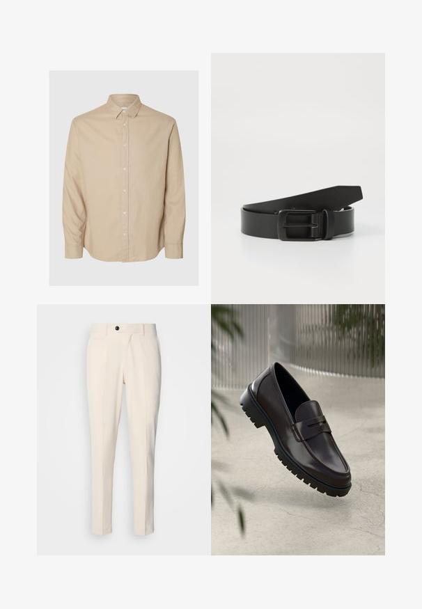 Selected Flannel - Košeľa - pure cashmeredetail:mixed w. oatmeal; Bežové nohavice na mieru s plochým predným dielom, jednobunkovým zapínaním a dvoma šikmými bočnými vreckami. Hladká tkanina so slim fit strihom a zužujúcou sa nohou.; Hnedé kožené mokasíny s textúrovanou, ryhovanou gumovou podrážkou. Obsahujú elegantný dizajn a dekoratívny remienok cez priehlavok.; Čierny kožený opasok s matnou čiernou kovovou prackou, vybavený hladkým povrchom a jednoduchým dizajnom. Nastaviteľná dĺžka s zužujúcim sa koncom.