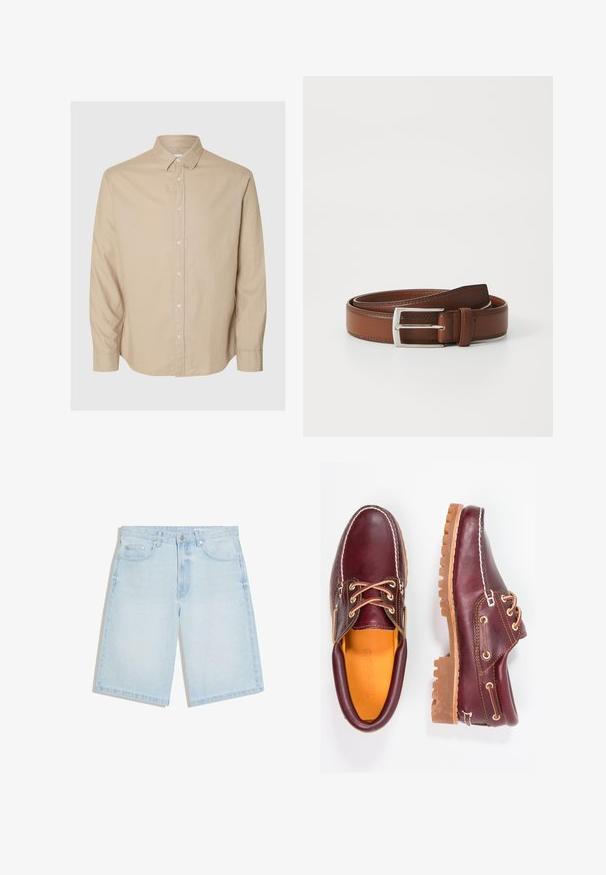 Selected Flannel - Hemd - pure cashmeredetail:mixed w. oatmeal; Hellblaue Jeans-Shorts mit vorderem Knopf und Reißverschluss, Gürtelschlaufen und Fünf-Taschen-Design, flach auf weißem Hintergrund ausgelegt.; Bordeauxfarbene Lederschuhe mit braunen Gummisohlen, runder Zehenform, weißen Nähten und goldenen Ösen. Das Innenfutter weist eine gelbe Beschichtung auf.; Brauner Ledergürtel mit glatter Oberfläche, ausgestattet mit einer silbernen Metallschnalle und feinen Nähten entlang der Kanten. Klassisches und robustes Design.