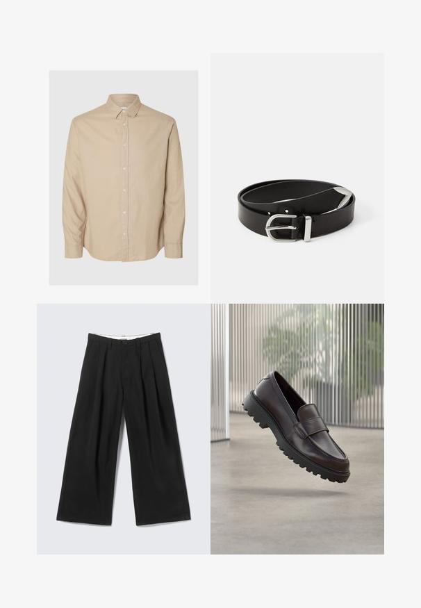 Selected Flannel - Košeľa - pure cashmeredetail:mixed w. oatmeal; Čierne široké nohavice s plisami, pútkami na opasok a zapínaním na gombík, zobrazené na svetlosivom pozadí.; Hnedá kožená obuv na navliekanie s okrúhlou špičkou a pevnou čiernou gumovou podrážkou. Má dekoračný remienok cez priehlavok.; Čierny kožený opasok so striebornou kovovou prackou, ktorý má klasický dizajn a hladkú textúru. Obsahuje diery pre nastaviteľné prispôsobenie.