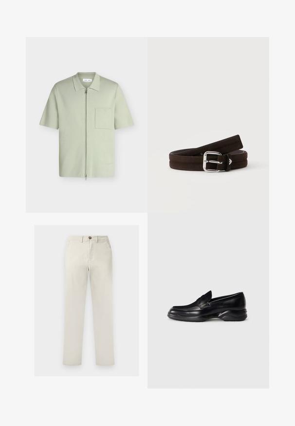 Chemise vert clair à manches courtes avec une fermeture éclair à l'avant, un col et une poche poitrine sur fond blanc uni.; Pantalon beige à jambes droites avec poches avant, passants de ceinture, fermeture par bouton et braguette zippée, présenté sur un fond blanc.; Mocassins en cuir noir avec une semelle en caoutchouc texturée et basse, et un design cousu sur le dessus. Présente une pointe arrondie et des embellissements minimaux.; Ceinture en daim marron foncé avec une boucle en métal argenté, roulée sur un fond gris clair.